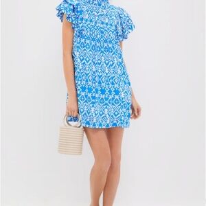 TUCKERNUCK Hyacinth House Blue Patterned Ruffle Sleeve Mini Dress Medium EUC